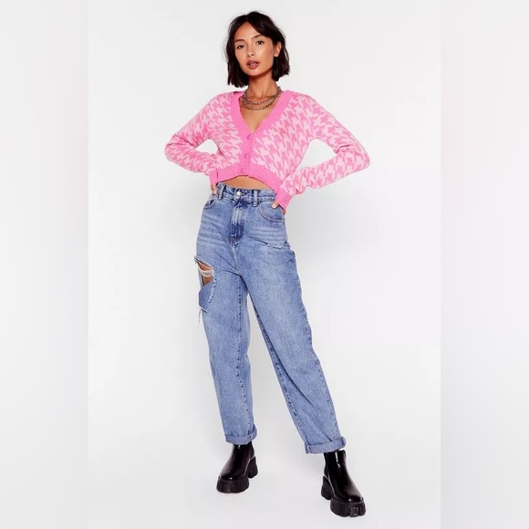 NastyGal Got Knit Right Barbiecore Pink & White Houndstooth Cropped Cardigan - S - Picture 4 of 17